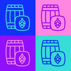Pop art line Wooden barrel icon isolated on color background. Alcohol barrel, drink container, wooden keg for beer, whiskey, wine. Vector