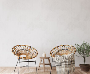 Boho cozy living room design, bright wall mockup, 3d render © lilasgh