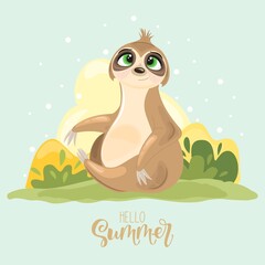 Summer postcard with a cute sloth on the background. A handwritten greeting 