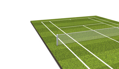 Grass tennis court with white markings and net. 3D Rendering