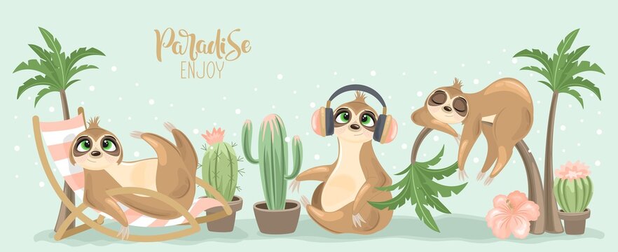 Summer postcard with a cute sloth on the background. A handwritten greeting " Paradise Enjoy". Vector illustration.
