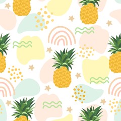 Abstract seamless patterns with fruits. Summer background with dots and a rainbow. Vector illustration.

