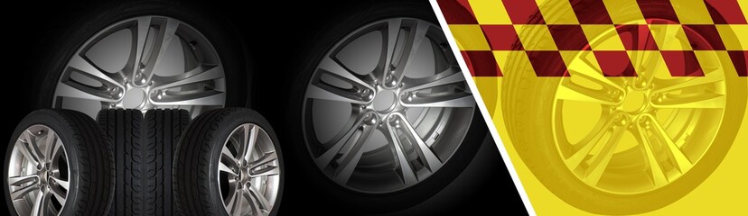 Promotion tyres banner. black, red, yellow Motosport background with aluminium wheels.