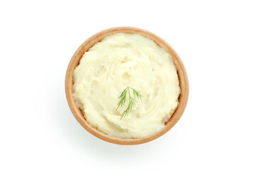 Bowl of mashed potatoes isolated on white background