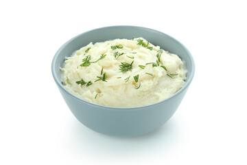 Bowl of mashed potatoes isolated on white background