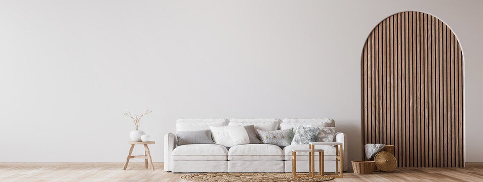 Boho cozy living room design, bright wall mockup, 3d render