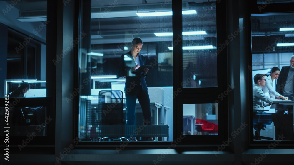 Poster Shot from Outside: Businesswoman Working on a Tablet Computer in the Office. Manager Checking Emails while Standing by the Window. Employee Planning Financial Tasks and Business Development.