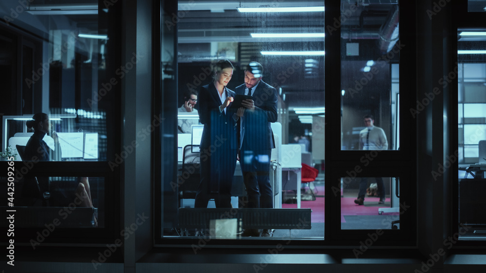 Poster shot from outside: businesswoman and businessman in a suit working on a tablet computer in the offic