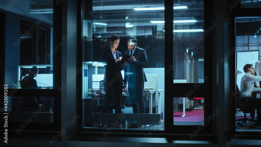 Poster shot from outside: businesswoman and businessman in a suit working on a tablet computer in the offic