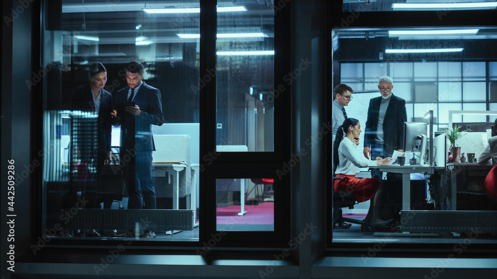 Poster shot from outside: businesswoman and businessman in a suit working on a tablet computer in the offic