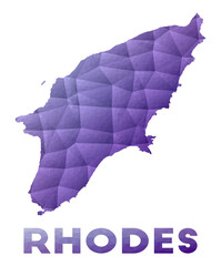 Map of Rhodes. Low poly illustration of the island. Purple geometric design. Polygonal vector illustration.