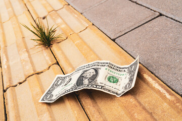 One dollar bill lies on the pavement