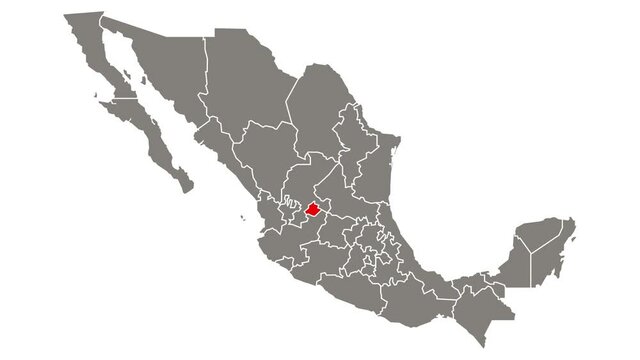 Aguascalientes state blinking red highlighted in map of Mexico