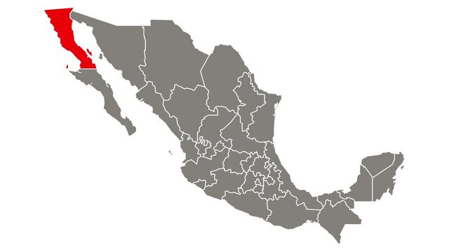 Baja California state blinking red highlighted in map of Mexico