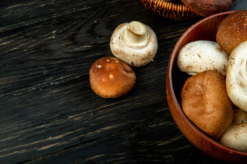 side view of fresh mushrooms in a  bowl on dark wooden background with copy space
