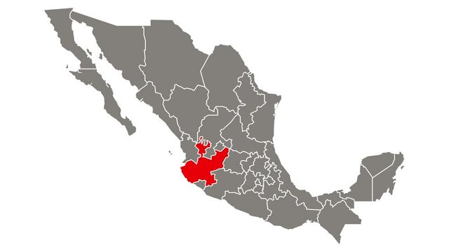 Jalisco state blinking red highlighted in map of Mexico