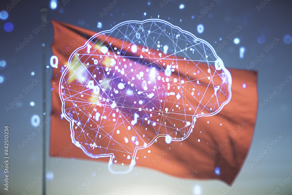 Poster Double exposure of creative artificial Intelligence interface on Chinese flag and blue sky background. Neural networks and machine learning concept