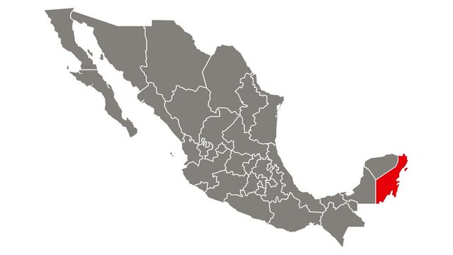 Quintana Roo state blinking red highlighted in map of Mexico