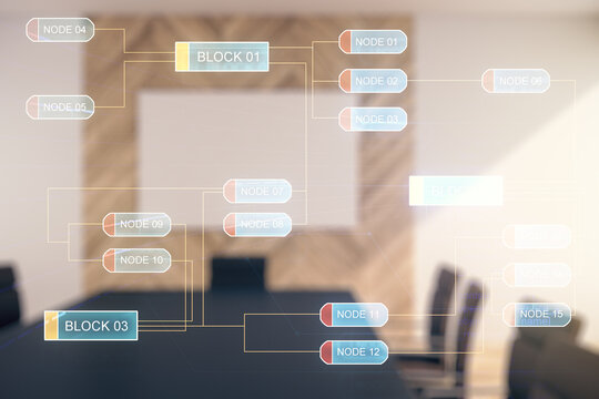 Multi exposure of abstract programming language hologram on a modern furnished office interior background, artificial intelligence and machine learning concept
