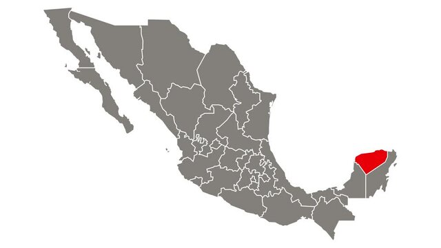 Yucatan state blinking red highlighted in map of Mexico