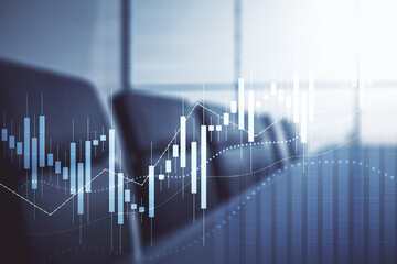 Double exposure of virtual creative financial diagram on a modern boardroom background, banking and accounting concept