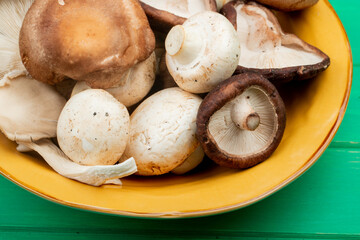 side view of fresh mushrooms on a yellow plate on green background