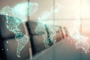 Double exposure of abstract digital world map on a modern meeting room background, research and strategy concept
