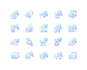 Surveillance and security systems gradient linear vector icons set. CCTV camera installation. 24 7 protection. Thin line contour symbols bundle. Isolated vector outline illustrations collection