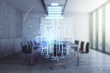 Virtual creative idea concept with light bulb and microcircuit illustration on a modern conference room background. Neural networks and machine learning concept. Multiexposure