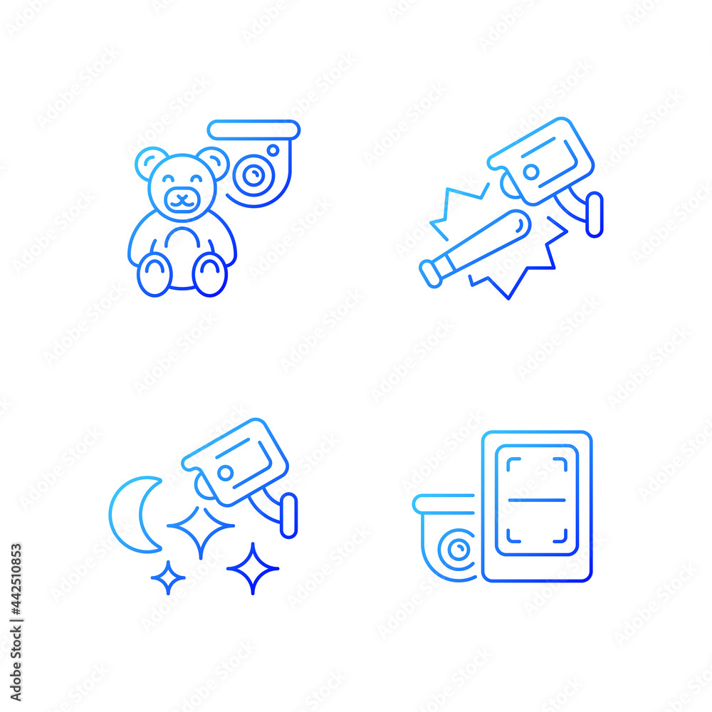Poster security monitoring solution gradient linear vector icons set. children protection. public safety. w