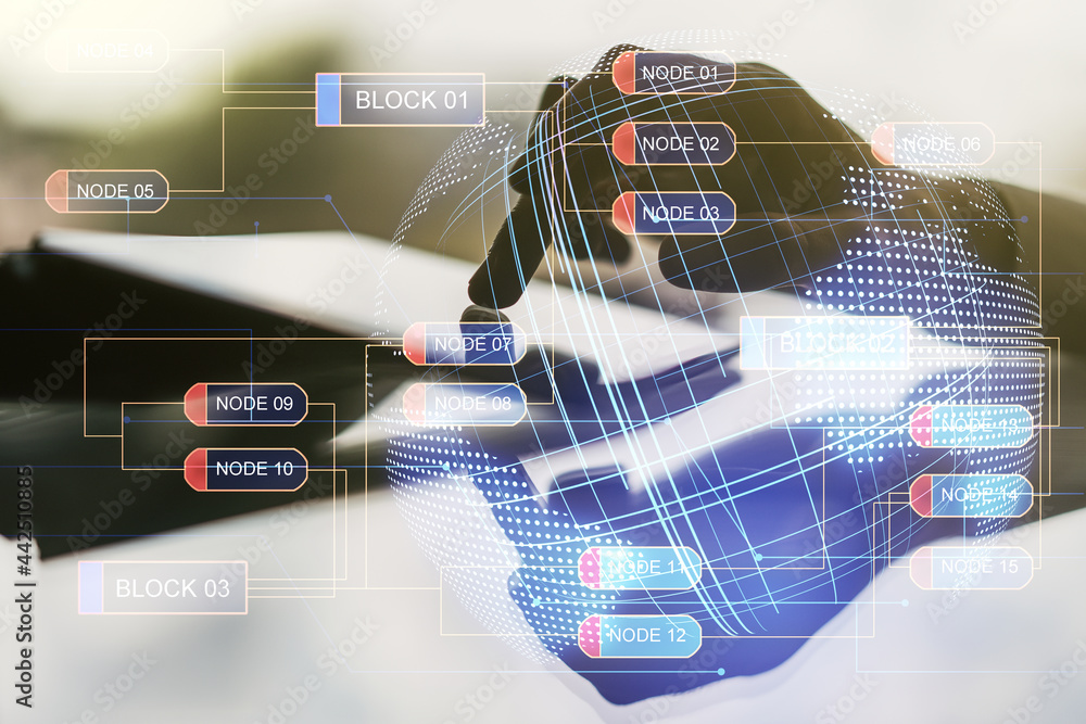 Poster multi exposure of abstract software development hologram with world map and finger presses on a digi