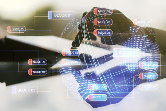 Multi exposure of abstract software development hologram with world map and finger presses on a digital tablet on background, global research and analytics concept