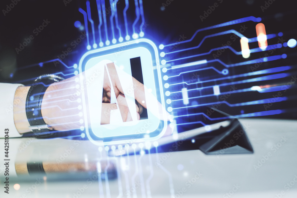 Poster double exposure of creative artificial intelligence icon with finger clicks on a digital tablet on b