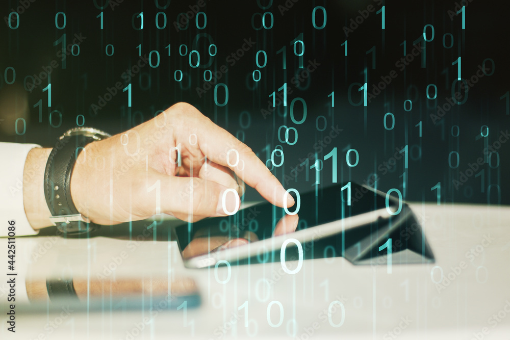 Poster creative concept of binary code illustration and finger clicks on a digital tablet on background. bi