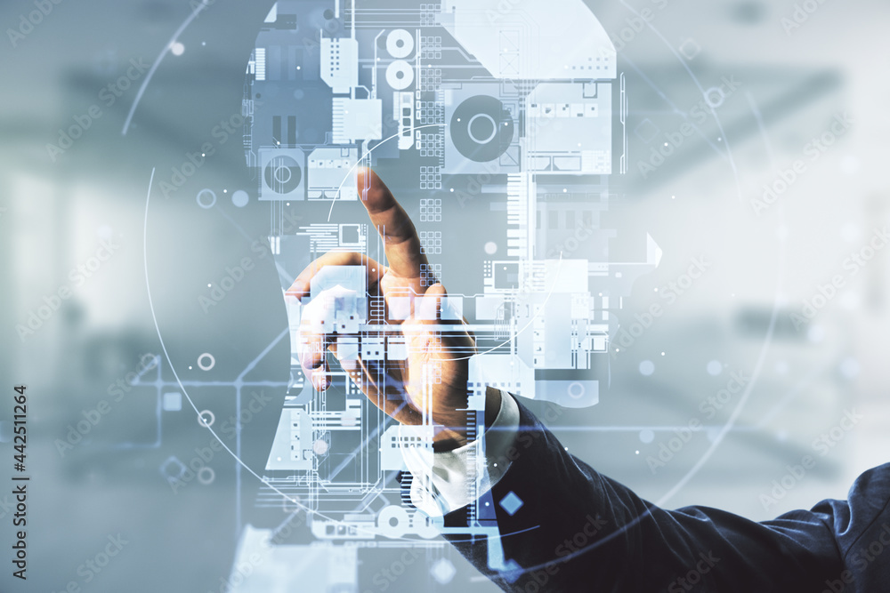 Aufkleber double exposure of man hand presses on creative artificial intelligence hologram on blurred office b