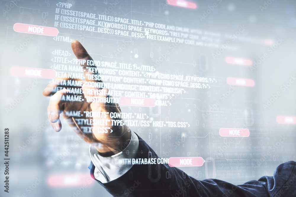 Aufkleber double exposure of male hand presses on abstract programming language interface on blurred office ba