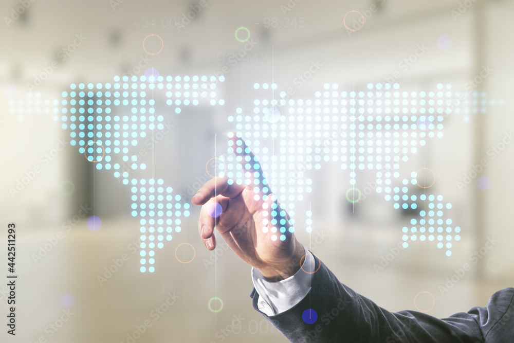 Poster multi exposure of man hand working with abstract creative digital world map hologram on blurred offi