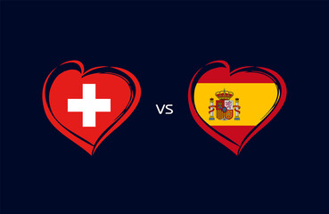 Switzerland vs Spain, flag emblems. National team soccer icons on navy blue background. Swiss and Spanish national flag in heart. Vector illustration for football championship competition