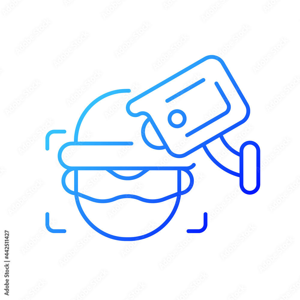 Poster criminal detection with surveillance camera gradient linear vector icon. facial recognition. crime p