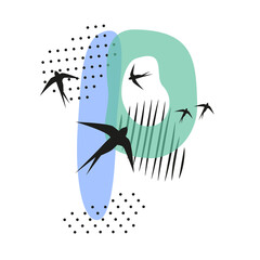 Minimalistic pattern an oriental style in form of letter P. Flock of swallows flies. Abstract objects, spots, dots, shadows in black ink and feather. Vector illustration, birds in form of hieroglyphs.