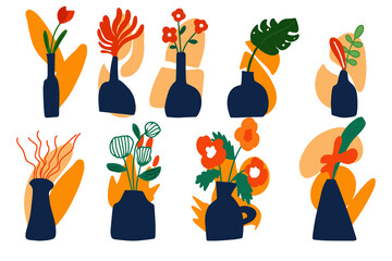 a large vector set of abstract vases with flowers drawn by hand. vases with flowers on an abstract background of spots, boho style