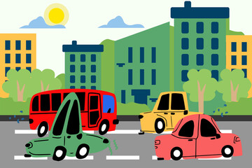 Cute cars are driving along the road along the street of the city, cars are hand-drawn in the style of doodle. Vector children's illustration of cars for books, notebooks, stickers and prints