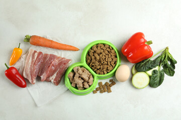 Concept of organic pet food on white textured background