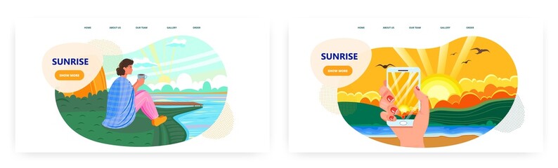 Girl watching sunrise landing page design, website banner vector templates. Woman taking nature photo. Summer vacation.