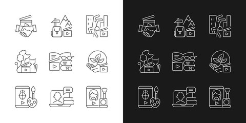 Video content linear icons set for dark and light mode. Business to business service. Entertainment content. Customizable thin line symbols. Isolated vector outline illustrations. Editable stroke