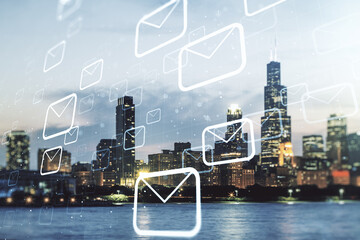 Abstract virtual postal envelopes illustration on Chicago skyline background. Email and communications concept. Multiexposure