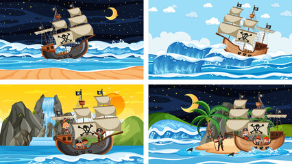 Naklejka premium Set of different beach scenes with pirate ship