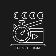 Time lapse videos white linear icon for dark theme. Shooting footage over night. Thin line customizable illustration. Isolated vector contour symbol for night mode. Editable stroke