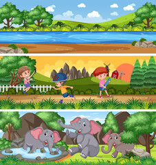 Obraz na płótnie Canvas Different nature landscape scene set with cartoon character