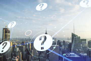 Abstract virtual question mark illustration on New York city skyline background. FAQ and search concept. Multiexposure